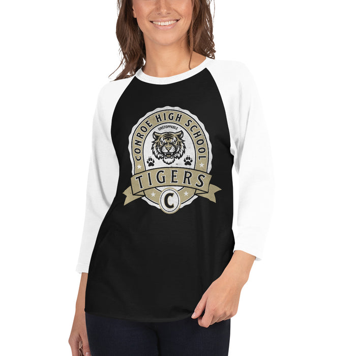 Woman wearing Conroe High School Tigers Unisex 3/4 sleeve Raglan T-shirt 212