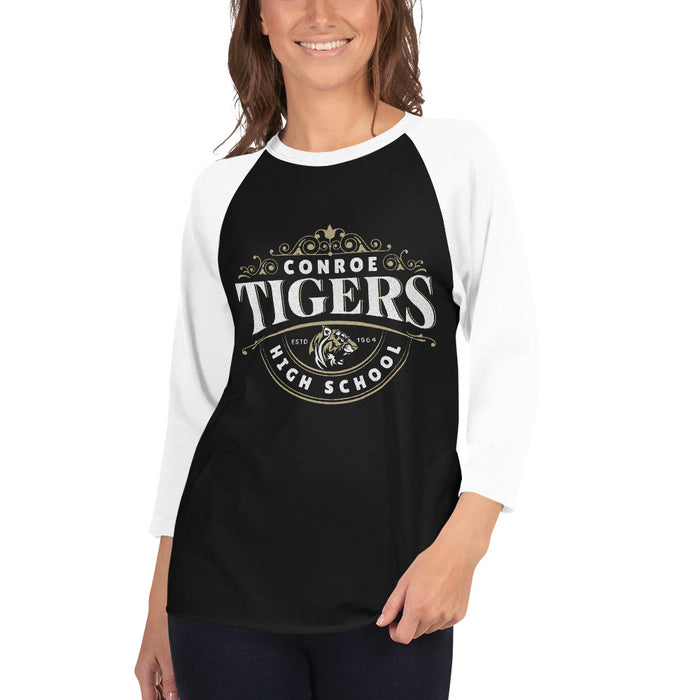 Woman wearing Conroe High School Tigers Unisex 3/4 sleeve Raglan T-shirt 213