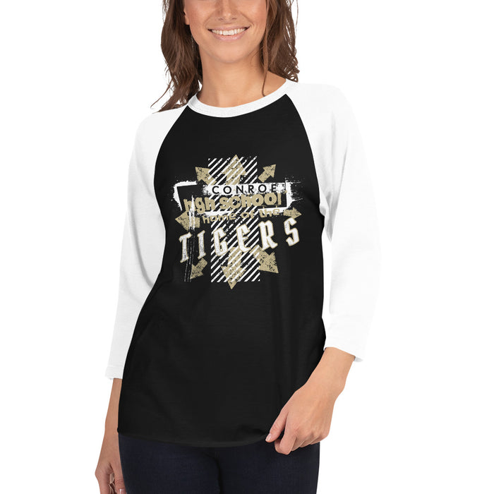 Woman wearing Conroe High School Tigers Unisex 3/4 sleeve Raglan T-shirt 214