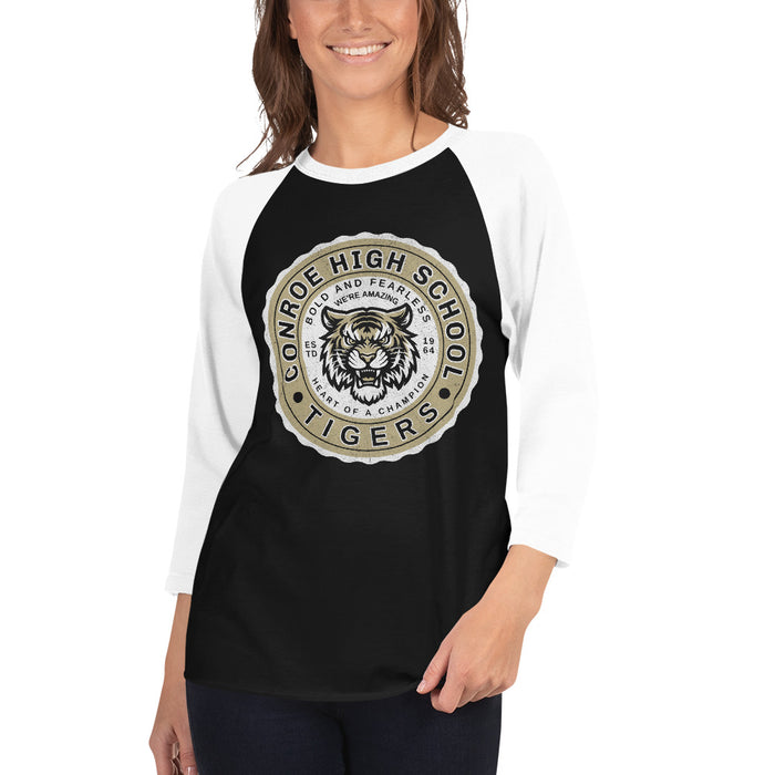 Woman wearing Conroe High School Tigers Unisex 3/4 sleeve Raglan T-shirt 216