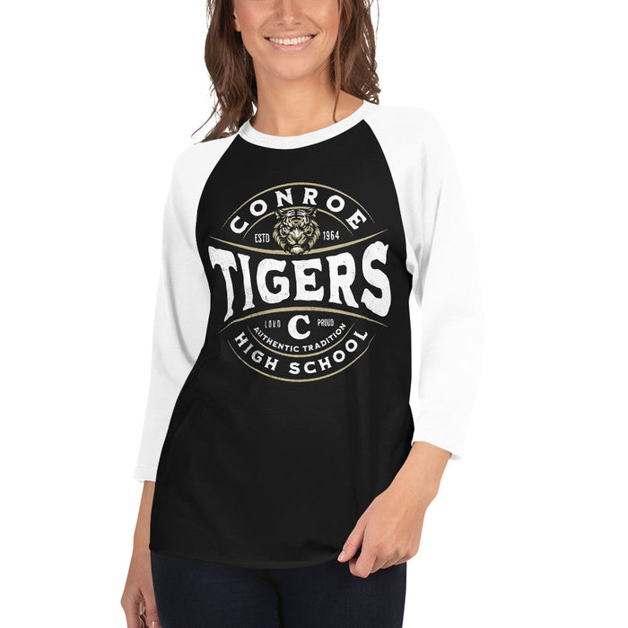 Woman wearing Conroe High School Tigers Unisex 3/4 sleeve Raglan T-shirt 218