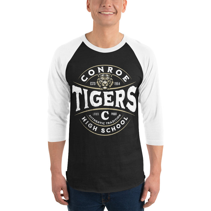 Man wearing Conroe High School Tigers Unisex 3/4 sleeve Raglan T-shirt 218