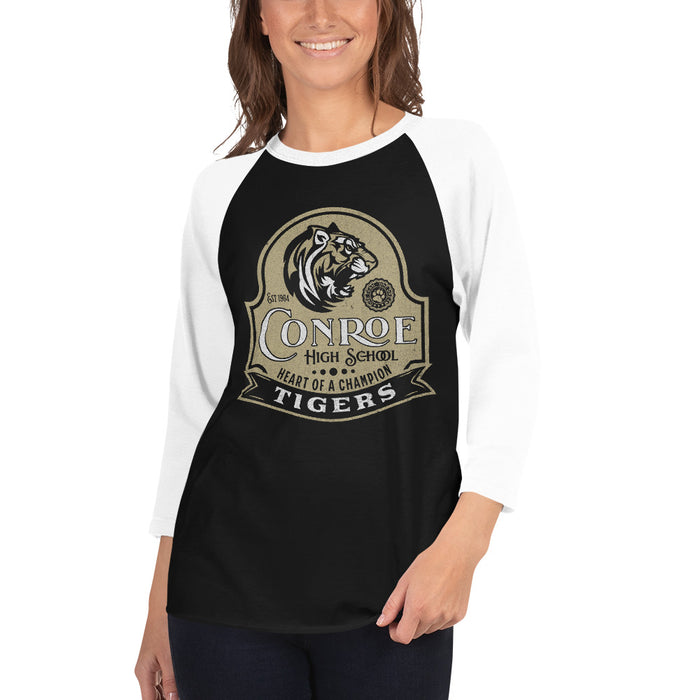 Woman wearing Conroe High School Tigers Unisex 3/4 sleeve Raglan T-shirt 219