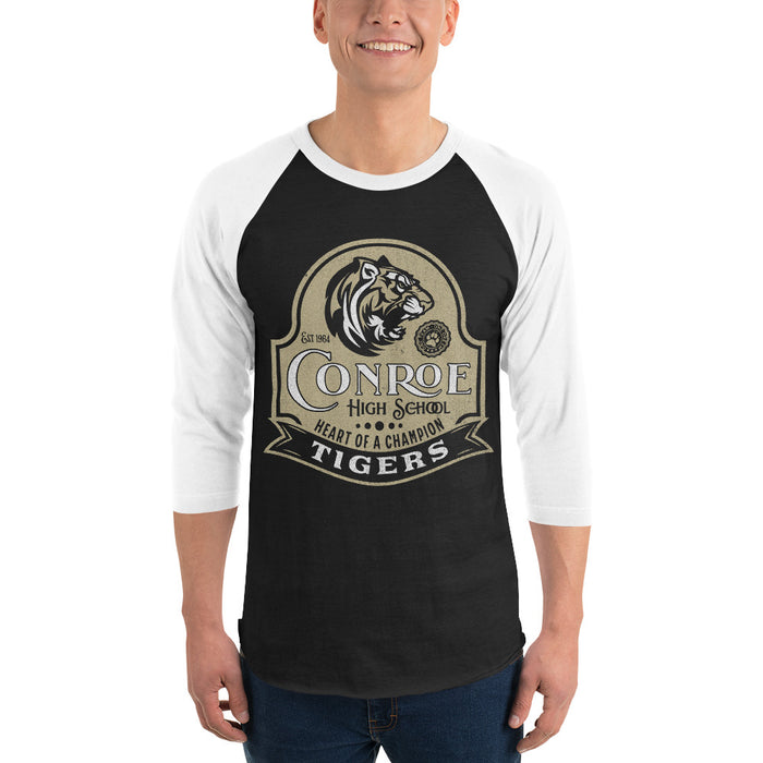 Man wearing Conroe High School Tigers Unisex 3/4 sleeve Raglan T-shirt 219