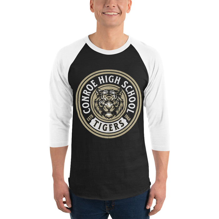 Man wearing Conroe High School Tigers Unisex 3/4 sleeve Raglan T-shirt 220