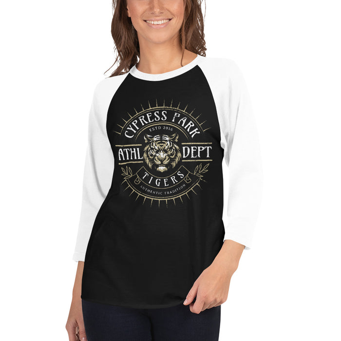 Woman wearing Cypress Park High School Tigers Unisex 3/4 sleeve Raglan T-shirt 201