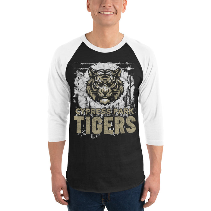 Man wearing Cypress Park High School Tigers Unisex 3/4 sleeve Raglan T-shirt 202