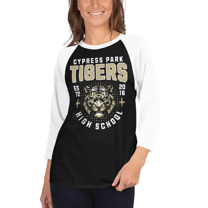 Woman wearing Cypress Park High School Tigers Unisex 3/4 sleeve Raglan T-shirt 204