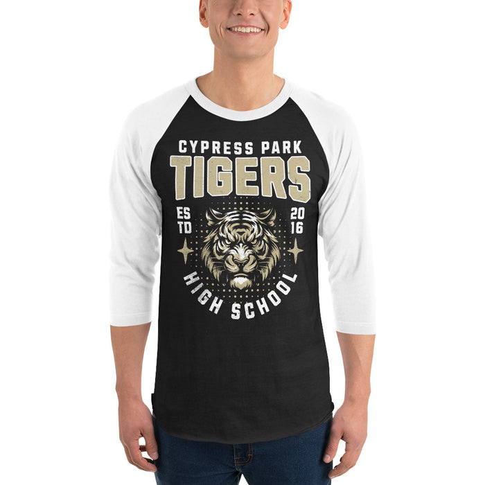 Man wearing Cypress Park High School Tigers Unisex 3/4 sleeve Raglan T-shirt 204