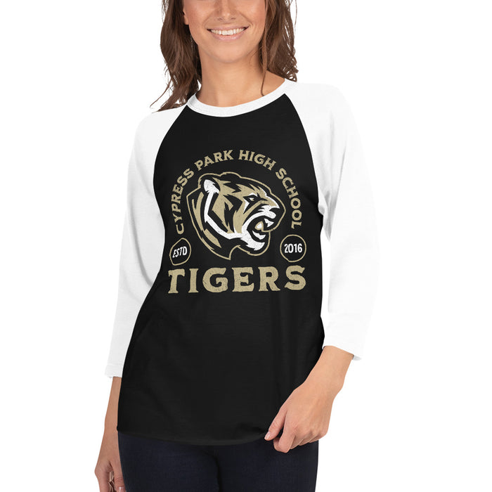 Woman wearing Cypress Park High School Tigers Unisex 3/4 sleeve Raglan T-shirt 208