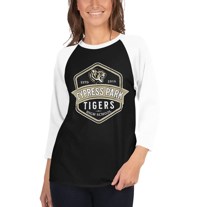 Woman wearing Cypress Park High School Tigers Unisex 3/4 sleeve Raglan T-shirt 209