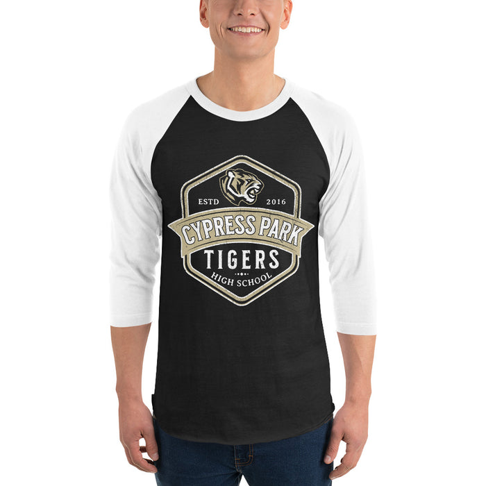 Man wearing Cypress Park High School Tigers Unisex 3/4 sleeve Raglan T-shirt 209