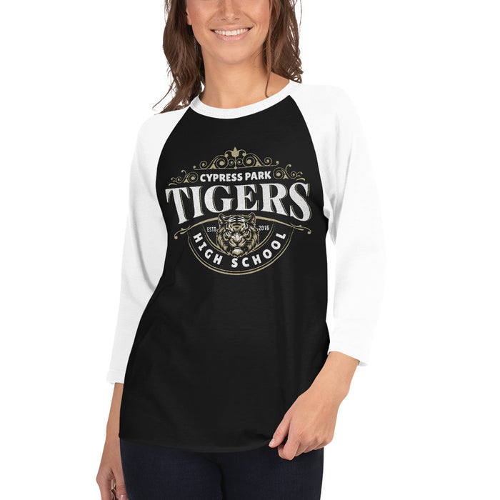 Woman wearing Cypress Park High School Tigers Unisex 3/4 sleeve Raglan T-shirt 211