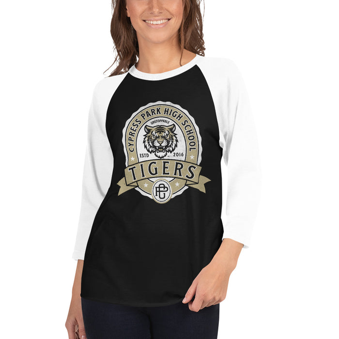 Woman wearing Cypress Park High School Tigers Unisex 3/4 sleeve Raglan T-shirt 212