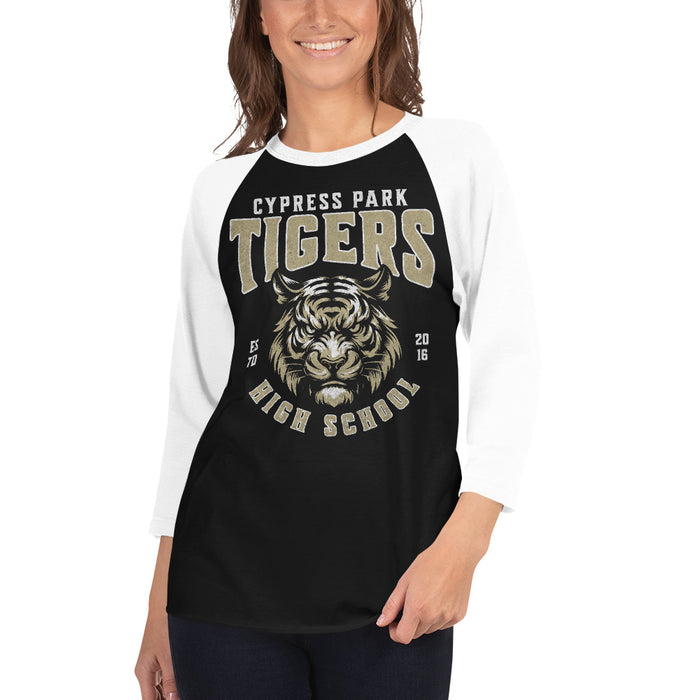 Woman wearing Cypress Park High School Tigers Unisex 3/4 sleeve Raglan T-shirt 213