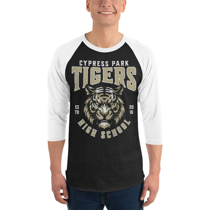 Man wearing Cypress Park High School Tigers Unisex 3/4 sleeve Raglan T-shirt 213