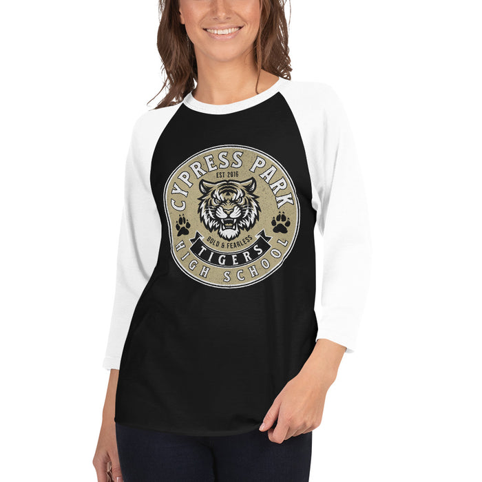 Woman wearing Cypress Park High School Tigers Unisex 3/4 sleeve Raglan T-shirt 215