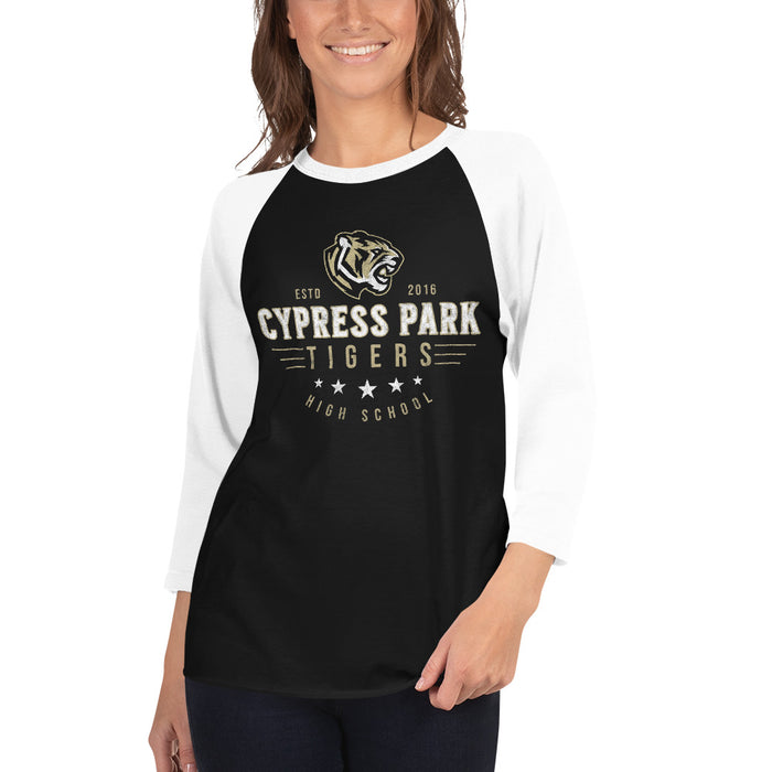 Woman wearing Cypress Park High School Tigers Unisex 3/4 sleeve Raglan T-shirt 217