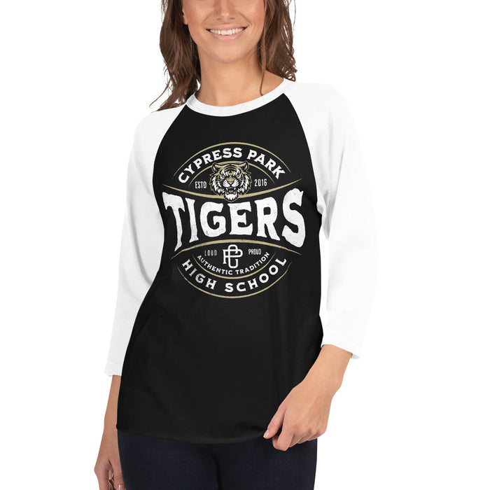 Woman wearing Cypress Park High School Tigers Unisex 3/4 sleeve Raglan T-shirt 218