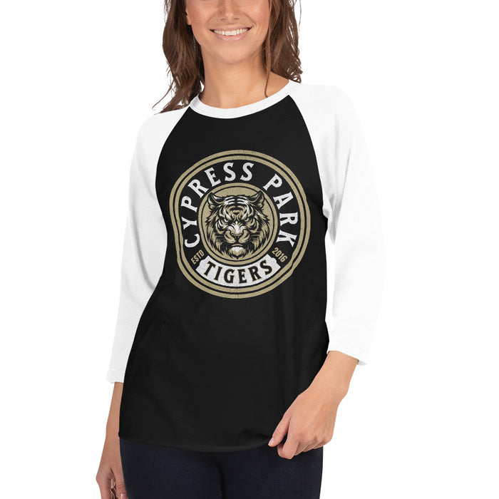 Woman wearing Cypress Park High School Tigers Unisex 3/4 sleeve Raglan T-shirt 220