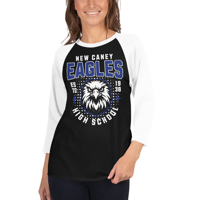 Woman wearing New Caney High School Eagles Unisex 3/4 sleeve Raglan T-shirt 204