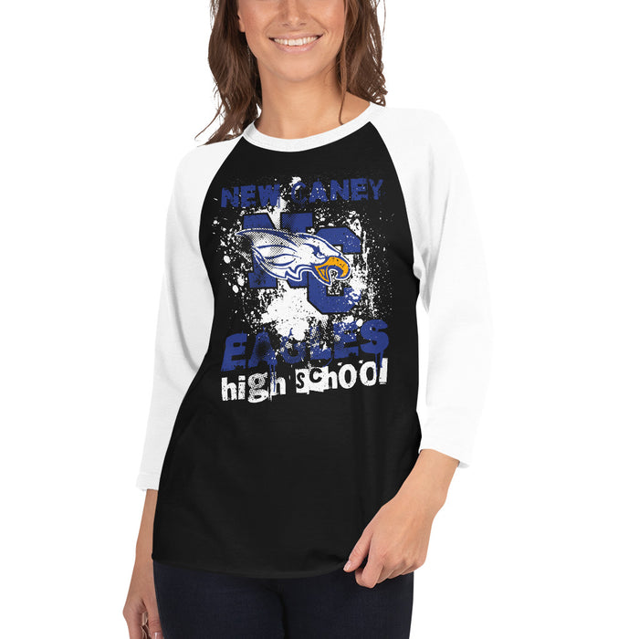 Woman wearing New Caney High School Eagles Unisex 3/4 sleeve Raglan T-shirt 205