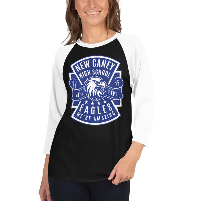 Woman wearing New Caney High School Eagles Unisex 3/4 sleeve Raglan T-shirt 207