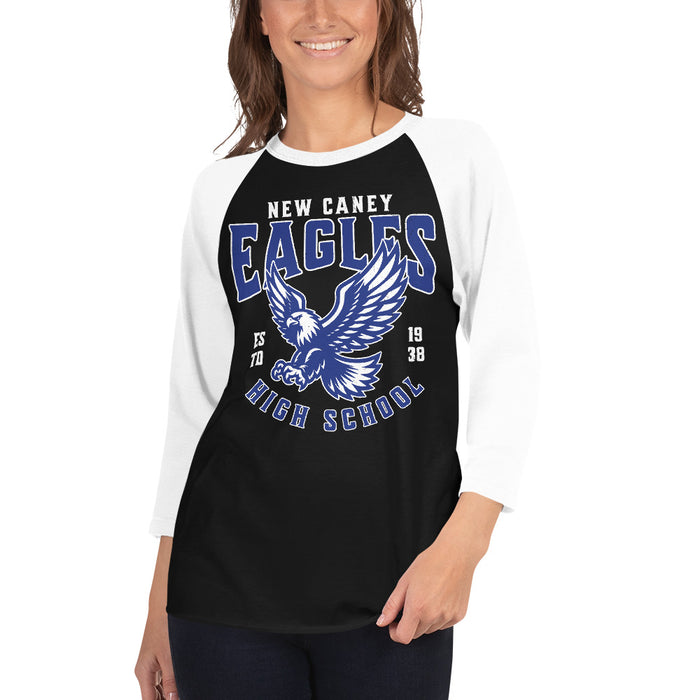 Woman wearing New Caney High School Eagles Unisex 3/4 sleeve Raglan T-shirt 213