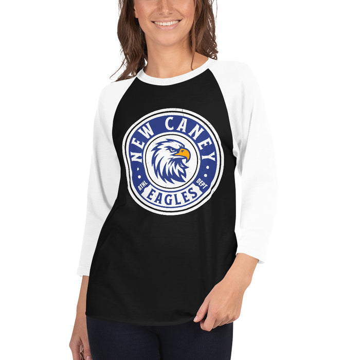 Woman wearing New Caney High School Eagles Unisex 3/4 sleeve Raglan T-shirt 220