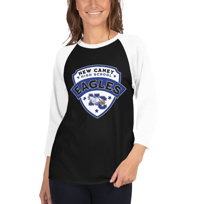 Woman wearing New Caney High School Eagles Unisex 3/4 sleeve Raglan T-shirt 224