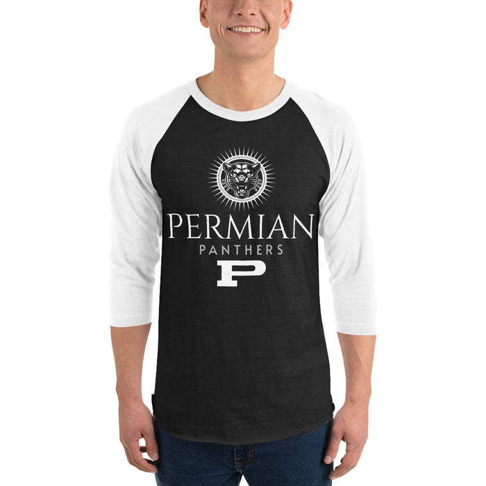 Man wearing Permian High School Panthers Unisex 3/4 sleeve Raglan T-shirt 200