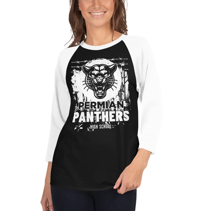 Woman wearing Permian High School Panthers Unisex 3/4 sleeve Raglan T-shirt 205