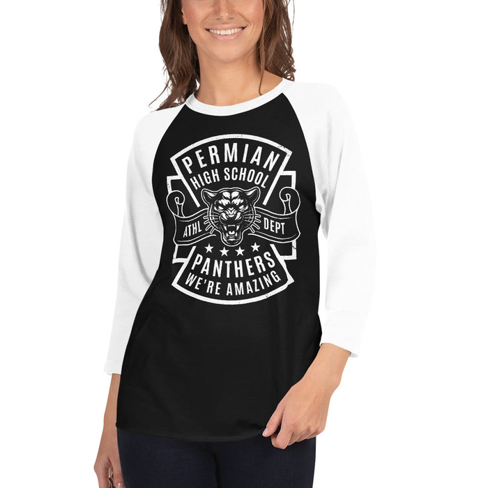 Woman wearing Permian High School Panthers Unisex 3/4 sleeve Raglan T-shirt 207