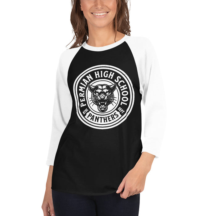 Woman wearing Permian High School Panthers Unisex 3/4 sleeve Raglan T-shirt 220