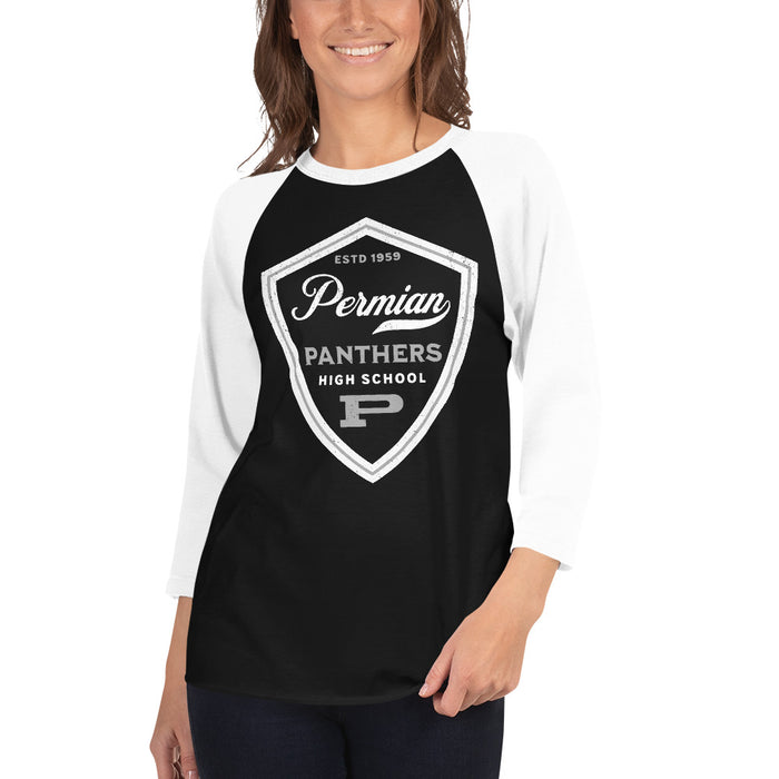 Woman wearing Permian High School Panthers Unisex 3/4 sleeve Raglan T-shirt 225