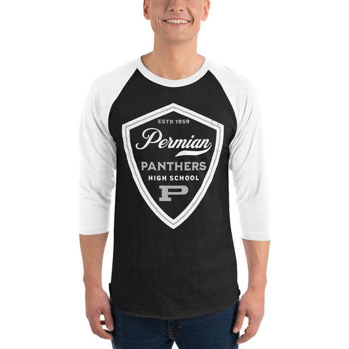 Man wearing Permian High School Panthers Unisex 3/4 sleeve Raglan T-shirt 225