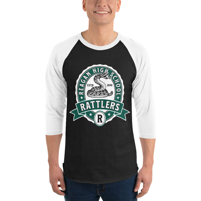 Man wearing Reagan High School Rattlers Unisex 3/4 sleeve Raglan T-shirt 212