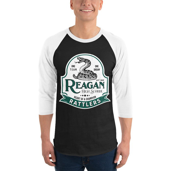 Man wearing Reagan High School Rattlers Unisex 3/4 sleeve Raglan T-shirt 219