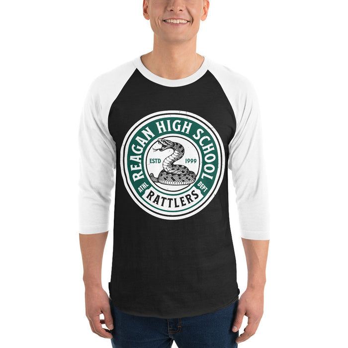 Man wearing Reagan High School Rattlers Unisex 3/4 sleeve Raglan T-shirt 220