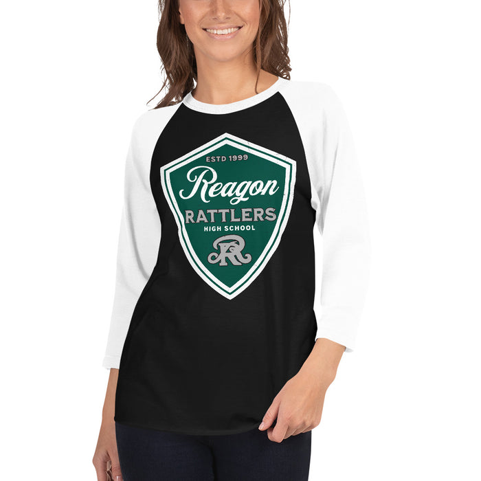 Woman wearing Reagan High School Rattlers Unisex 3/4 sleeve Raglan T-shirt 225