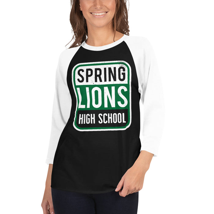 Woman wearing High School Lions Unisex 3/4 sleeve Raglan T-shirt 001