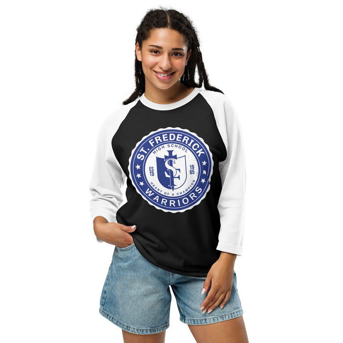 Woman wearing St. Frederick High School Warriors Unisex 3/4 Sleeve Raglan T-shirt 216