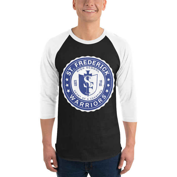 Man wearing St. Frederick High School Warriors Unisex 3/4 Sleeve Raglan T-shirt 216