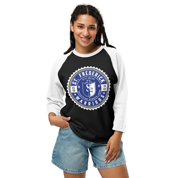 Woman wearing St. Frederick High School Warriors Unisex 3/4 Sleeve Raglan T-shirt 203