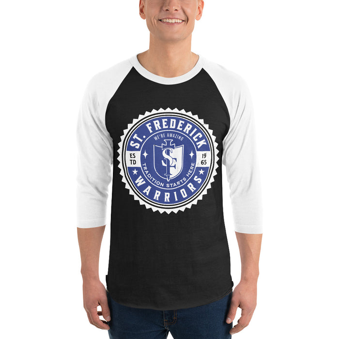 Man wearing St. Frederick High School Warriors Unisex 3/4 Sleeve Raglan T-shirt 203