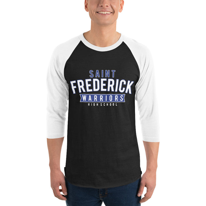 Man wearing St. Frederick High School Warriors Unisex 3/4 Sleeve Raglan T-shirt 021