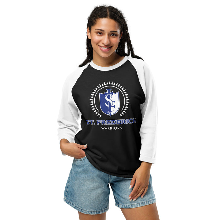 Woman wearing St. Frederick High School Warriors Unisex 3/4 Sleeve Raglan T-shirt 226