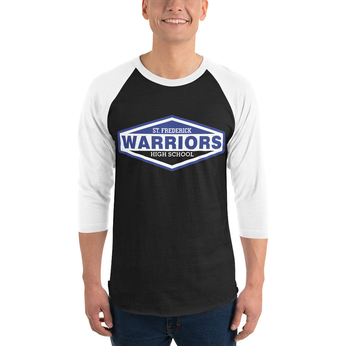 Man wearing St. Frederick High School Warriors Unisex 3/4 Sleeve Raglan T-shirt 009