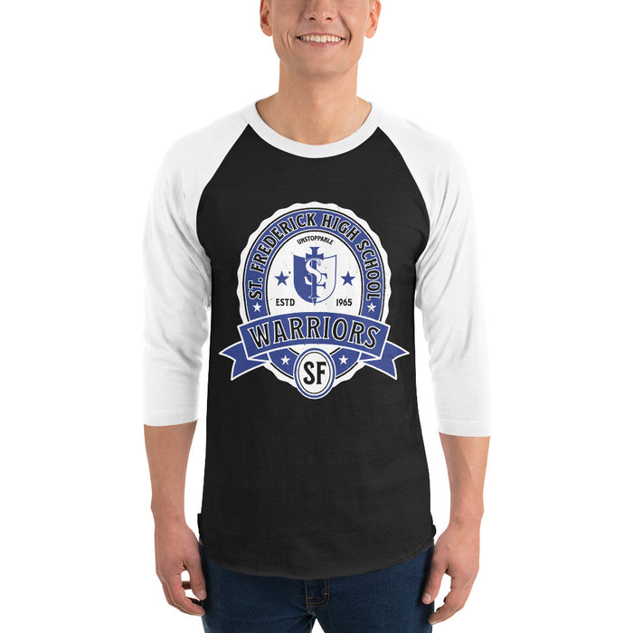 Man wearing St. Frederick High School Warriors Unisex 3/4 Sleeve Raglan T-shirt 212