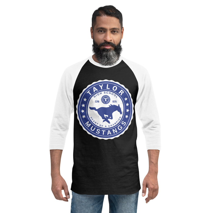 Man wearing Taylor High School Mustangs Unisex 3/4 sleeve Raglan T-shirt 216